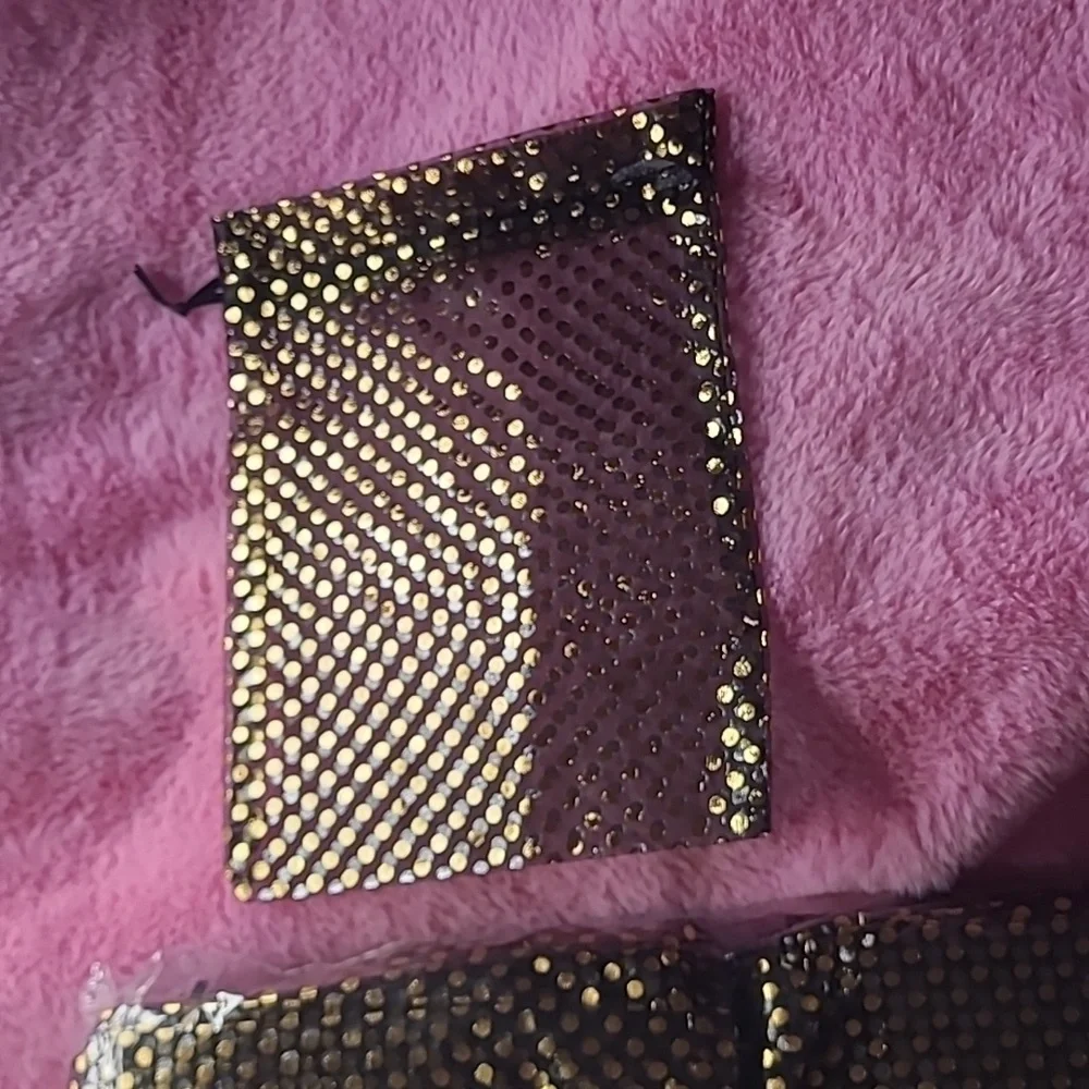 ✅️15 ct  6x8 Sheer Organza Gift Bags with Drawstring  - Polka Dot - Black/Gold